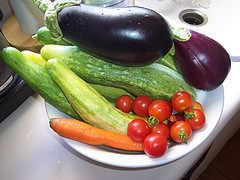 Eggplants, tomatoes, carrots, cucumber